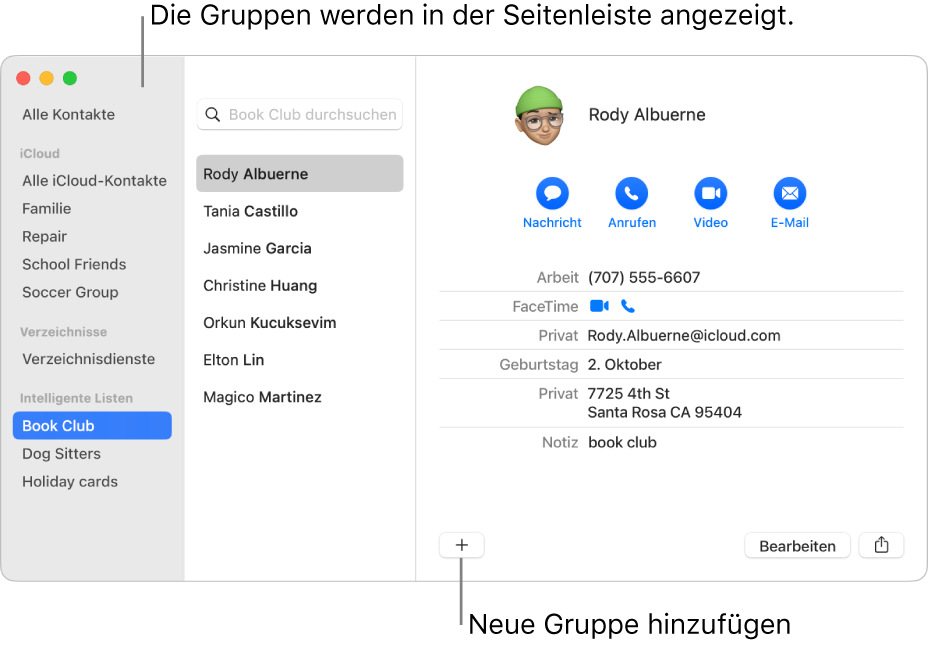 Das Fenster der App „Kontakte“ mit verschiedenen Listen in der Seitenleiste und der Taste zum Hinzufügen einer neuen Liste unten auf einer Kontaktkarte