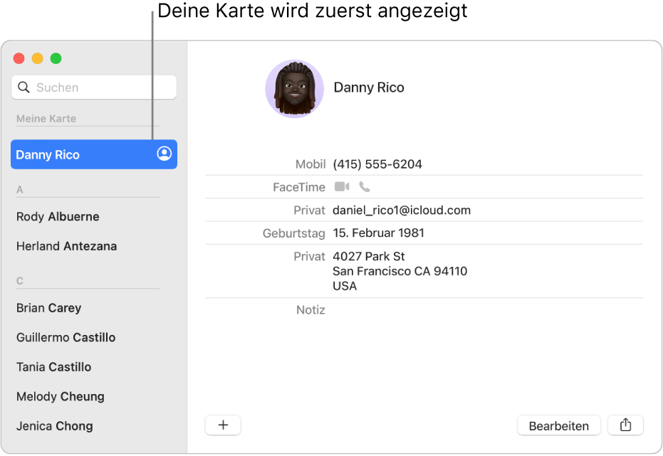 Die Seitenleiste der App „Kontakte“ mit der Kontaktkarte ganz oben