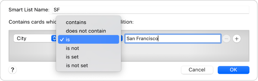 The Smart List dialogue showing a list named SF and a condition with three criteria.