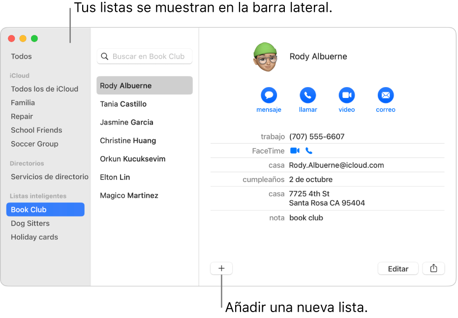 La ventana de Contactos mostrando la barra lateral con listas como “Grupo de ciclismo”, y el botón en la parte inferior de una tarjeta de contacto para agregar una lista nueva.