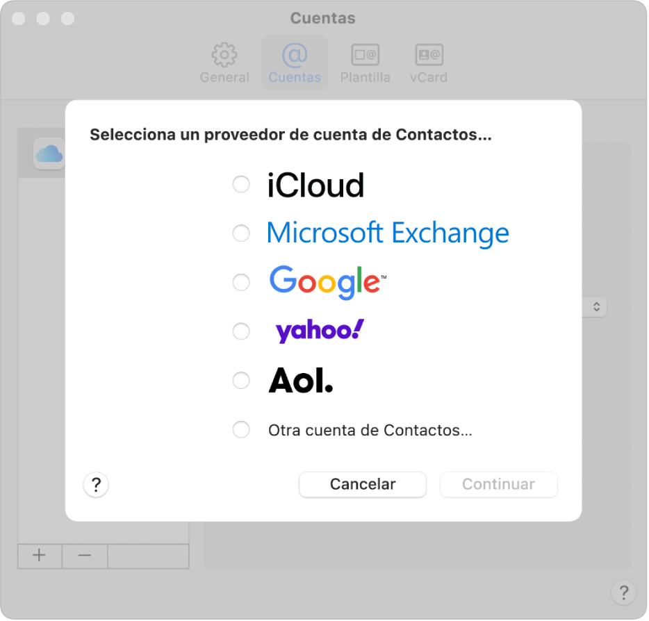 La ventana para añadir cuentas de internet a la app Contactos.