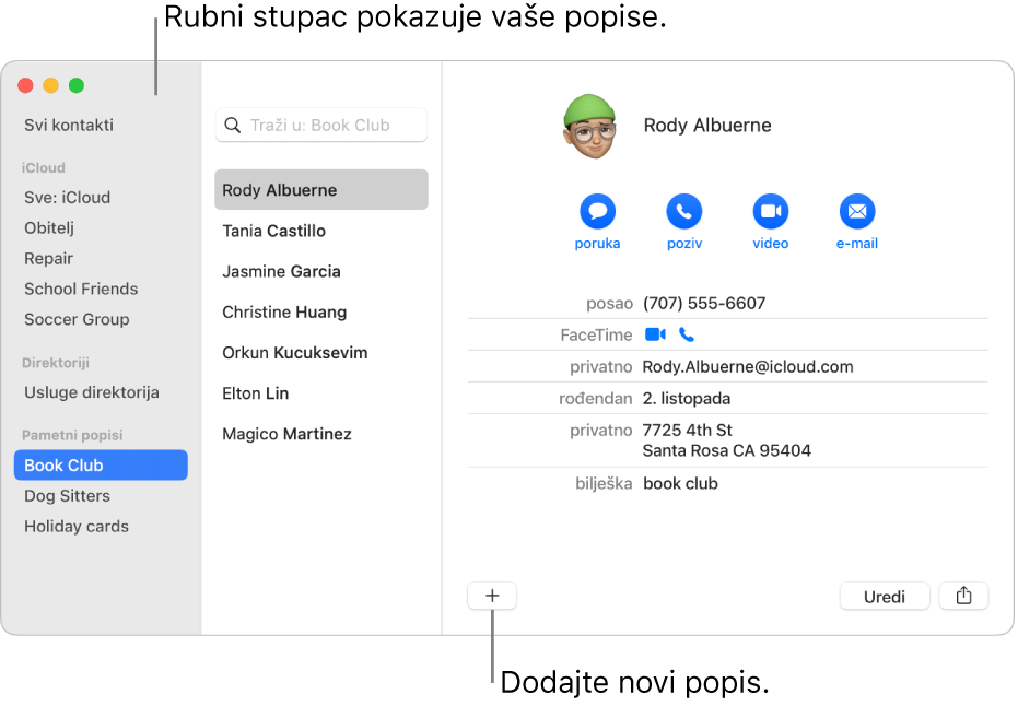 Prozor aplikacije Kontakti prikazuje rubni stupac s popisima poput Bicikliranje i tipku na dnu kartice kontakta za dodavanje novog popisa.