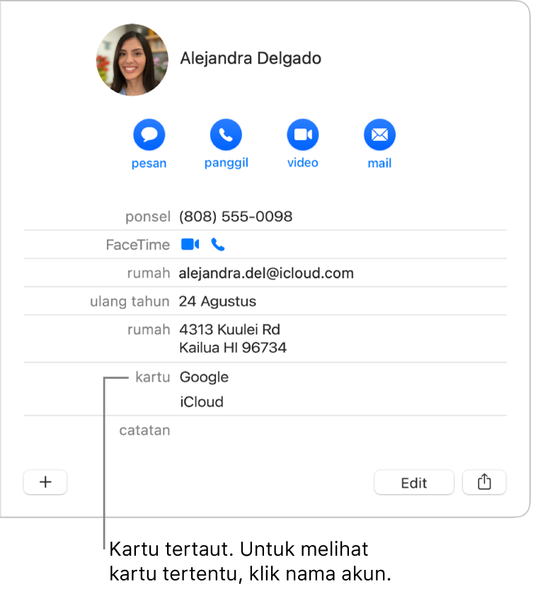 Kartu yang ditautkan dengan dua akun di bagian Kartu; untuk melihat akun tertentu, klik namanya.