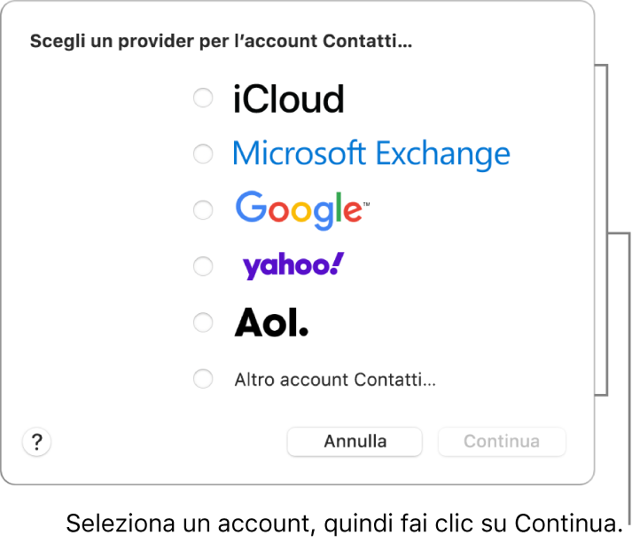 L’elenco di tipi di account internet che puoi aggiungere all’app Contatti: iCloud, Exchange, Google, Yahoo, AOL e altri account di Contatti.