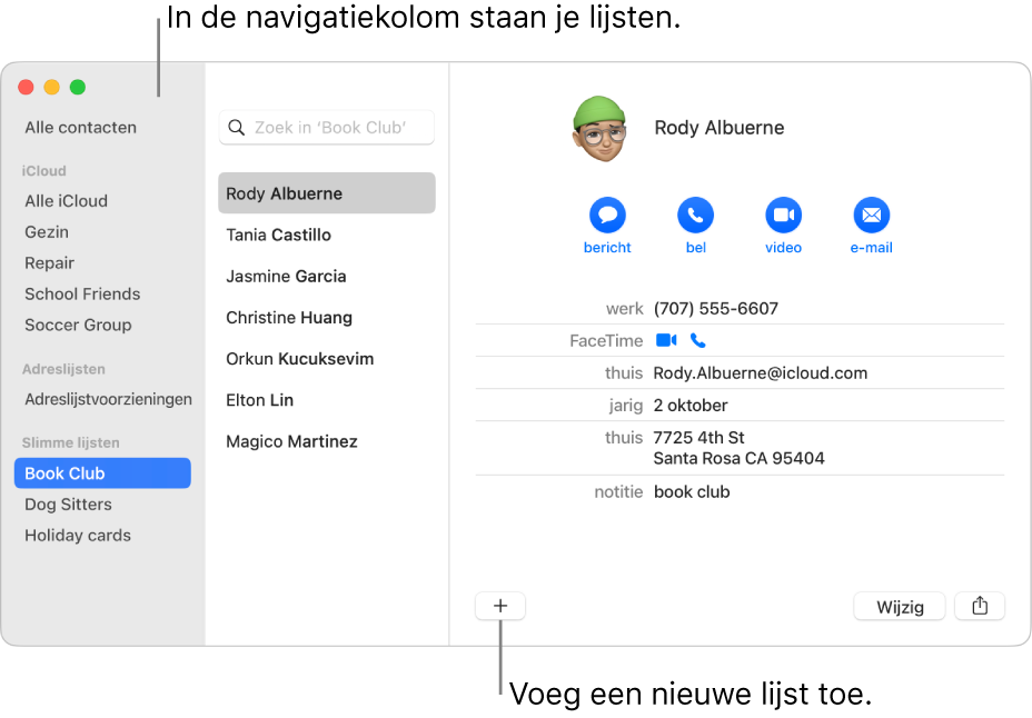 Het Contacten-venster met de navigatiekolom, met daarin lijsten zoals 'Cycling list', en de knop onder in een contactpersoonkaart voor het toevoegen van een nieuwe lijst.