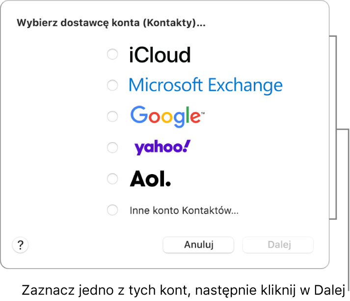 Lista typów kont internetowych, które można dodać do aplikacji Kontakty: iCloud, Exchange, Google, Yahoo, AOL oraz Inne konto Kontaktów.