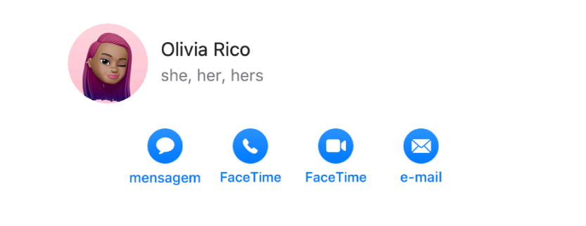 Ficha de contacto com os pronomes do contacto por baixo do nome.