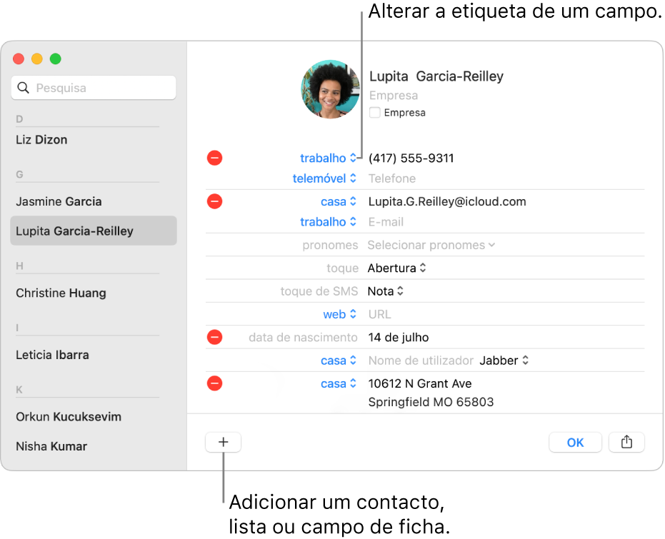 Uma ficha de contacto a mostrar uma etiqueta de campo que pode ser alterada e o botão no fundo da ficha para adicionar um contacto, lista ou campo da ficha.