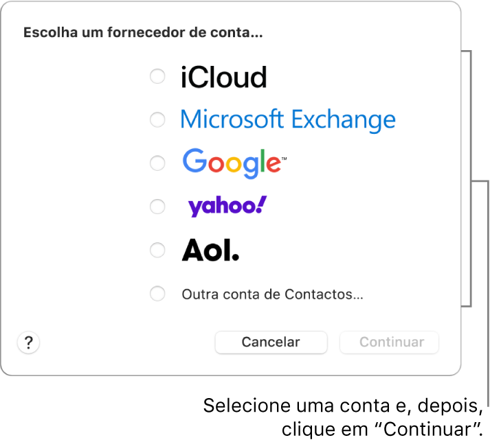 A lista de tipos de conta da internet que pode adicionar à aplicação Contactos: iCloud, Exchange, Google, Yahoo, AOL e outras contas de contactos.