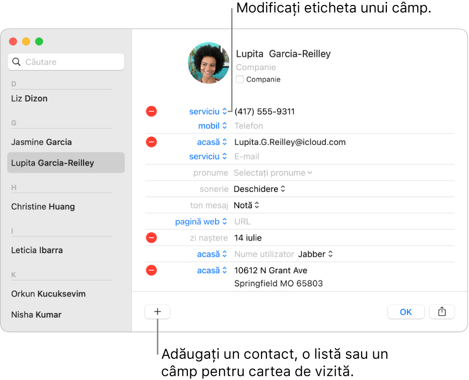 O fișă de contact cu o etichetă de câmp ce poate fi modificată și butonul din partea de jos a cărții de vizită pentru adăugarea unui contact, unei liste sau unui câmp de fișă.