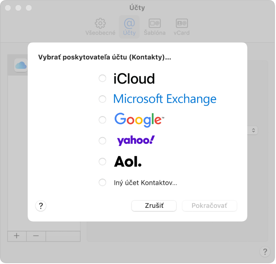 Okno na pridávanie internetových účtov do aplikácie Kontakty.