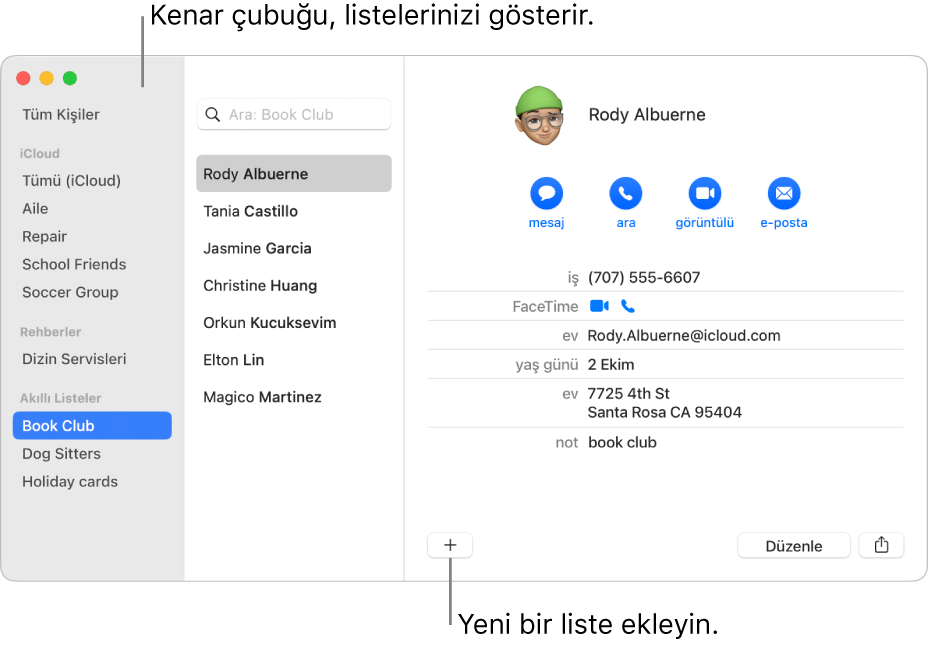 Kenar çubuğunda Bisiklet listesi gibi listeleri ve bir kişi kartının en altında yeni liste ekleme düğmesini gösteren Kişiler penceresi.