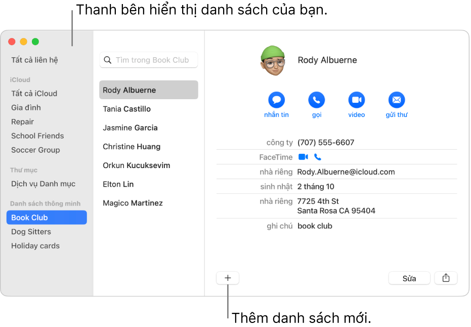 Cửa sổ Danh bạ hiển thị thanh bên có các danh sách như danh sách Đạp xe và nút ở cuối thẻ liên hệ để thêm một danh sách mới.