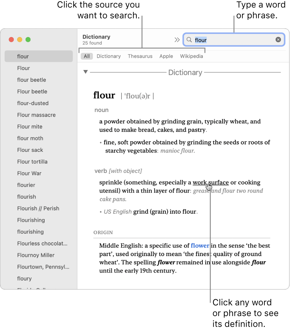 The full Dictionary window showing a definition. Click any word or phrase in the definition to see its definition. To select a source to search, click its name in the source bar, located below the toolbar. Type a word or phrase into the search field.