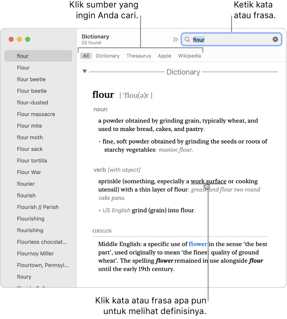 Jendela penuh Kamus menampilkan definisi. Klik kata atau frasa apa pun di definisi untuk melihat definisinya. Untuk memilih sumber untuk mencari, klik namanya di bar sumber, yang terletak di bawah bar alat. Ketik kata atau frasa ke dalam bidang pencarian.