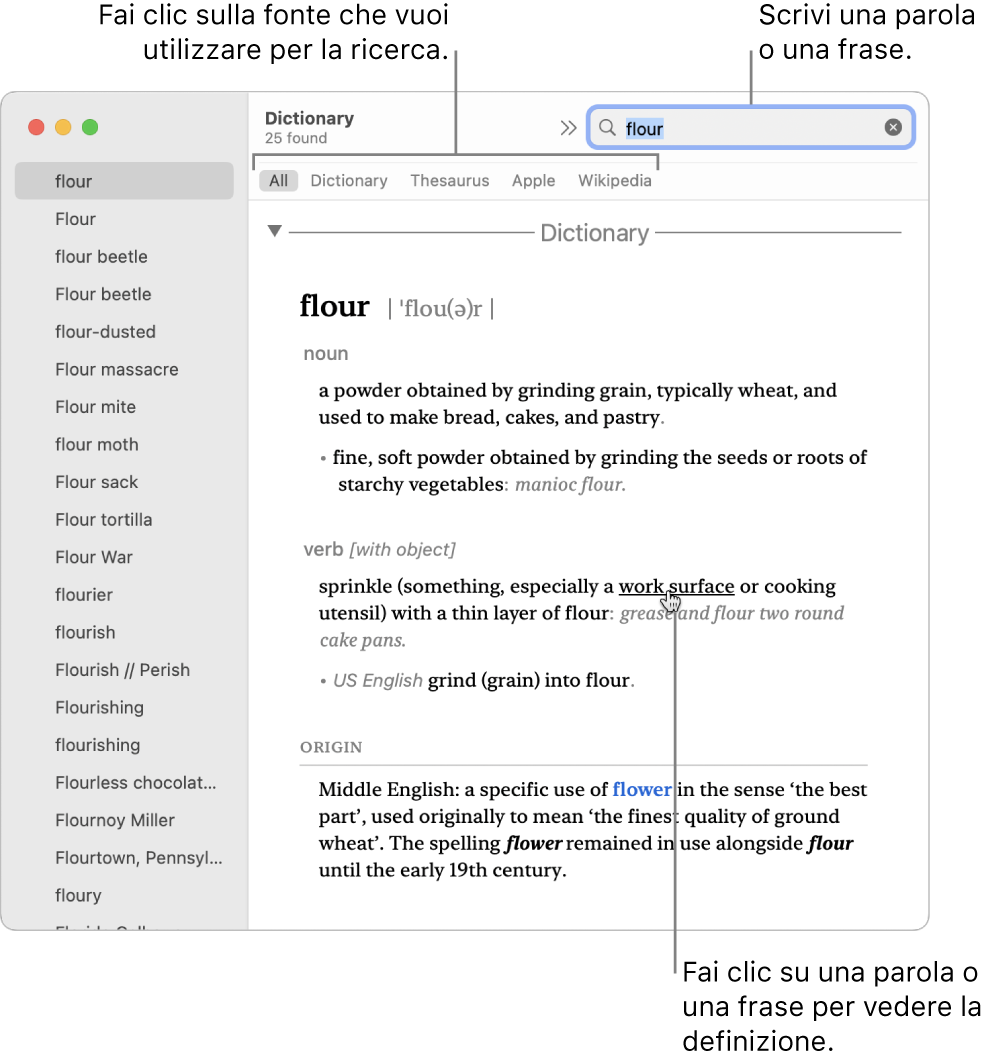 La finestra di Dizionario completa quando mostra una definizione. Fai clic su una parola o una frase qualsiasi all’interno della definizione per visualizzarne la definizione. Per selezionare una fonte in cui cercare, fai clic sul suo nome nella barra delle fonti, situata sotto la barra strumenti. Digita una parola o una frase nel campo di ricerca.