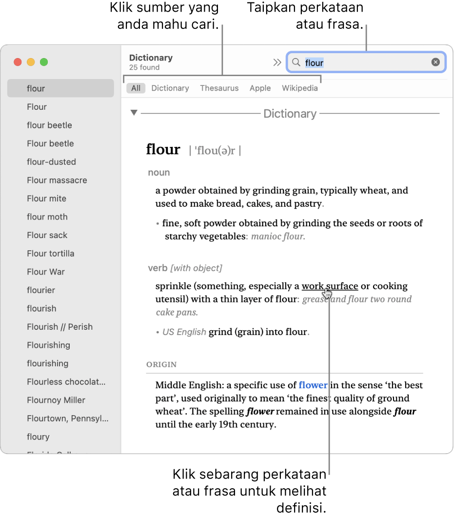 Tetingkap Kamus penuh menunjukkan definisi. Klik sebarang perkataan atau frasa dalam definisi untuk melihat definisinya. Untuk memilih sumber untuk dicari, klik pada namanya dalam bar alat, yang terletak di bahagian bawah bar alat. Taipkan perkataan atau frasa ke dalam medan carian.