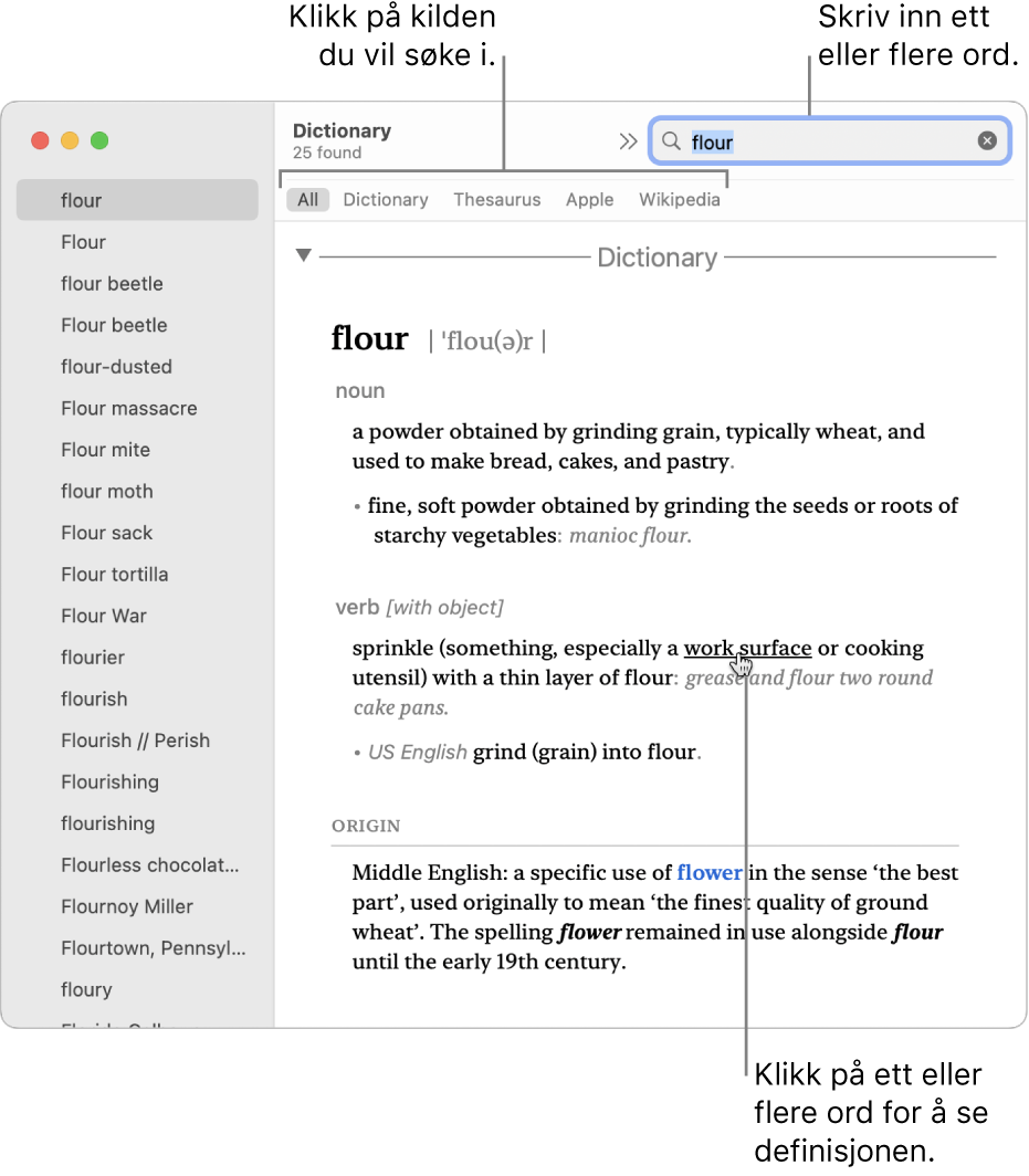 Ordbok-vinduet som viser en definisjon. Klikk på et ord eller en frase i definisjonen for å se definisjonen av ordet eller frasen. Du kan velge kilden du vil søke i, ved å klikke på navnet i kildelinjen nedenfor verktøylinjen. Skriv inn et ord eller uttrykk i søkefeltet.