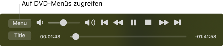 Die Taste „Menü“ befindet sich oben links in den Wiedergabesteuerungen der App „DVD-Player“. Klicke auf die Menütaste, um auf die DVD-Menüs zuzugreifen.