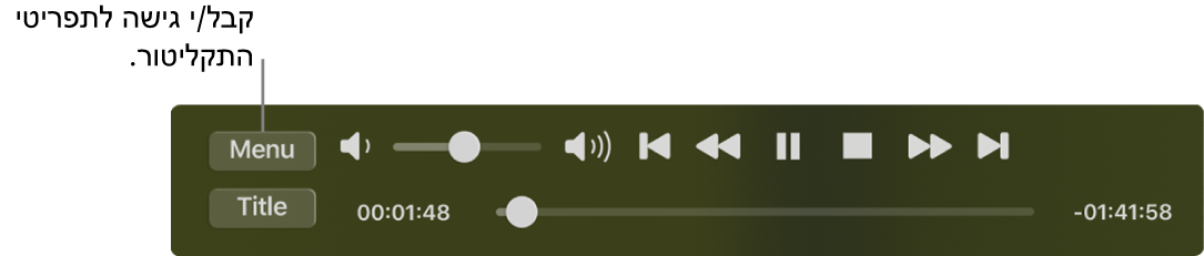 כפתור התפריט נמצא בפינה הימנית העליונה של פקדי ההפעלה של ״נגן ה-DVD״. לחץ/י על הכפתור ״תפריט״ כדי לגשת לתפריטי הדיסק.