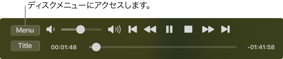 「DVDプレーヤー」再生コントロールの左上隅に「メニュー」ボタンがあります。ディスクメニューにアクセスするには、「メニュー」ボタンをクリックします。