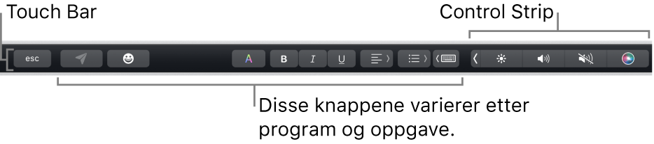 Touch Bar langs toppen av tastaturet, som viser minimert Control Strip til høyre, og knapper som varierer etter app eller oppgave.