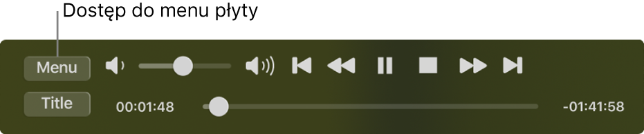Przycisk Menu widoczny w lewym górnym rogu narzędzi odtwarzania, wyświetlanych przez Odtwarzacz DVD. Kliknij w przycisk menu, aby wybierać menu płyty.