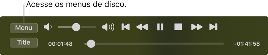 O botão de Menu está no canto superior esquerdo dos controles de reprodução do Reprodutor de DVD. Clique no botão de Menu para acessar os menus do disco.