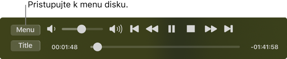 Tlačidlo Menu sa nachádza v ľavom hornom rohu ovládacích prvkov prehrávania apky DVD Player. Kliknutím na tlačidlo Menu získate prístup k menu disku.