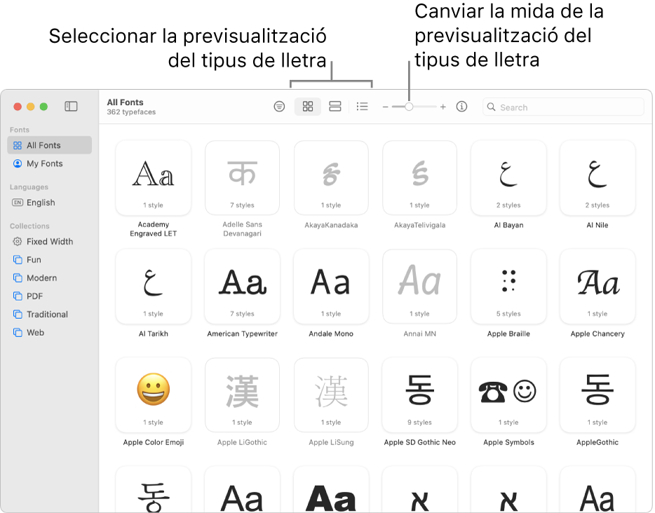 Finestra Catàleg Tipogràfic amb la barra d’eines, en què es mostren botons per seleccionar com es previsualitzaran els tipus de lletra i un regulador vertical per canviar la mida de les previsualitzacions.