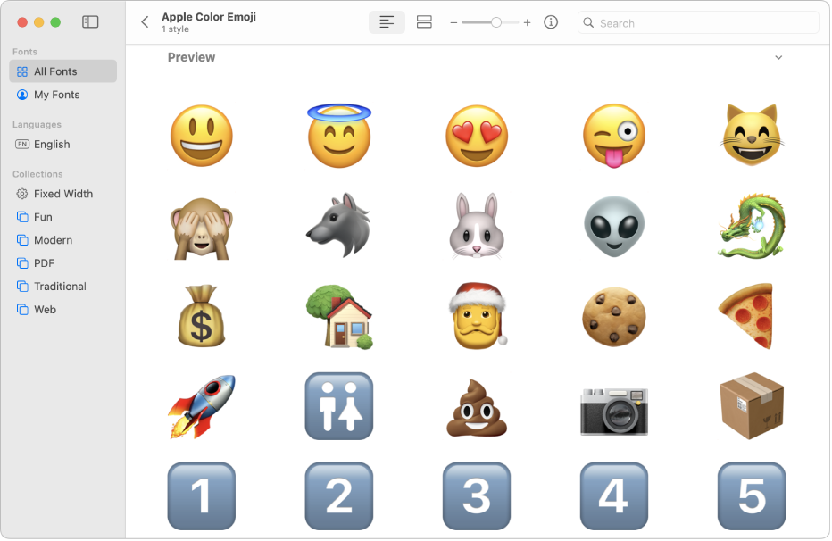 The Font Book window showing a preview of the Apple Colour Emoji font.