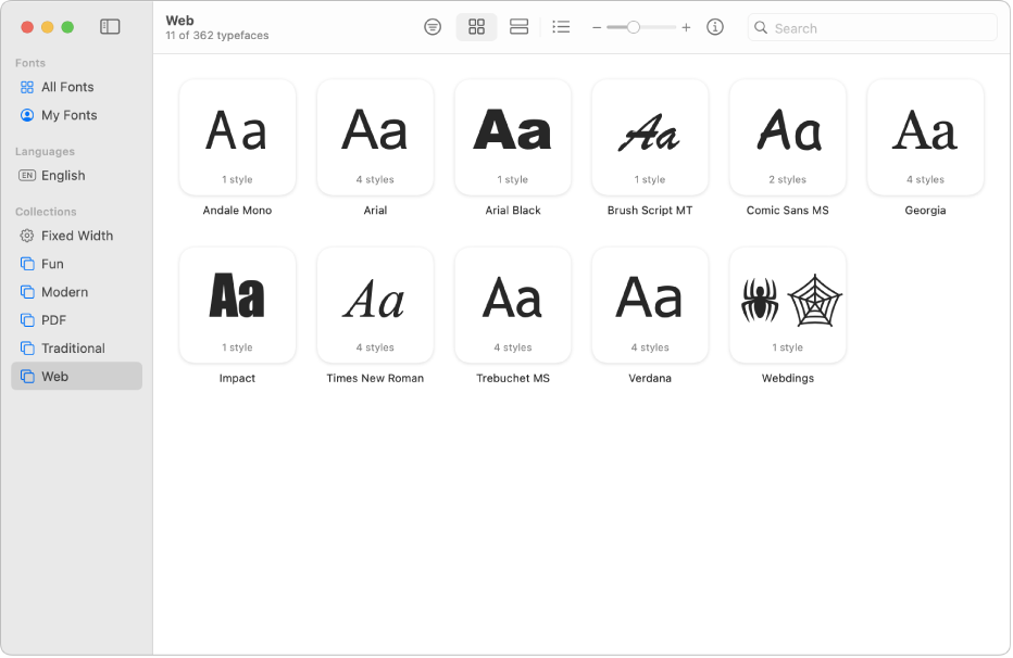 The Font Book window showing the Web collection selected in the sidebar.