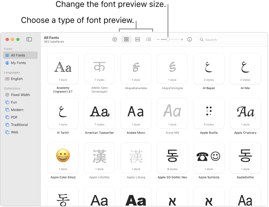 The Font Book window with the toolbar showing buttons for choosing the type of font preview and a vertical slider for changing the preview size.