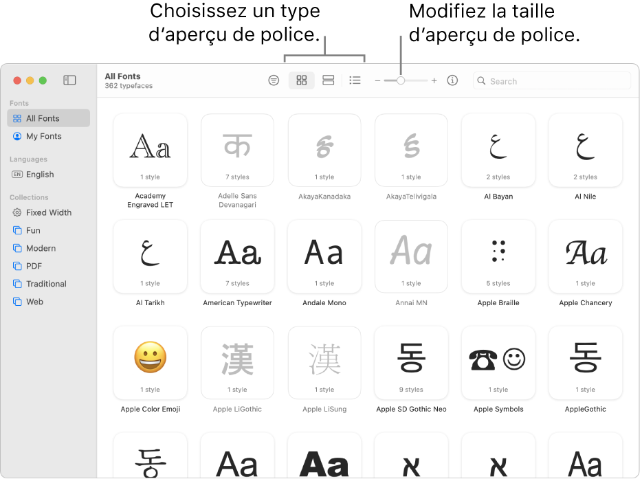 La fenêtre Livre des polices et sa barre d’outils qui affiche des boutons pour choisir le type d’aperçu des polices et un curseur vertical pour changer la taille de l’aperçu.