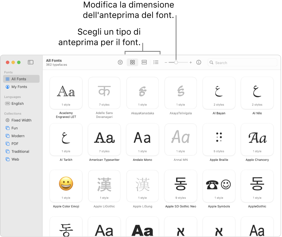 La finestra di Libro Font, con la barra strumenti che mostra i pulsanti per scegliere il tipo di anteprima font e un cursore verticale per cambiare le dimensioni dell’anteprima.