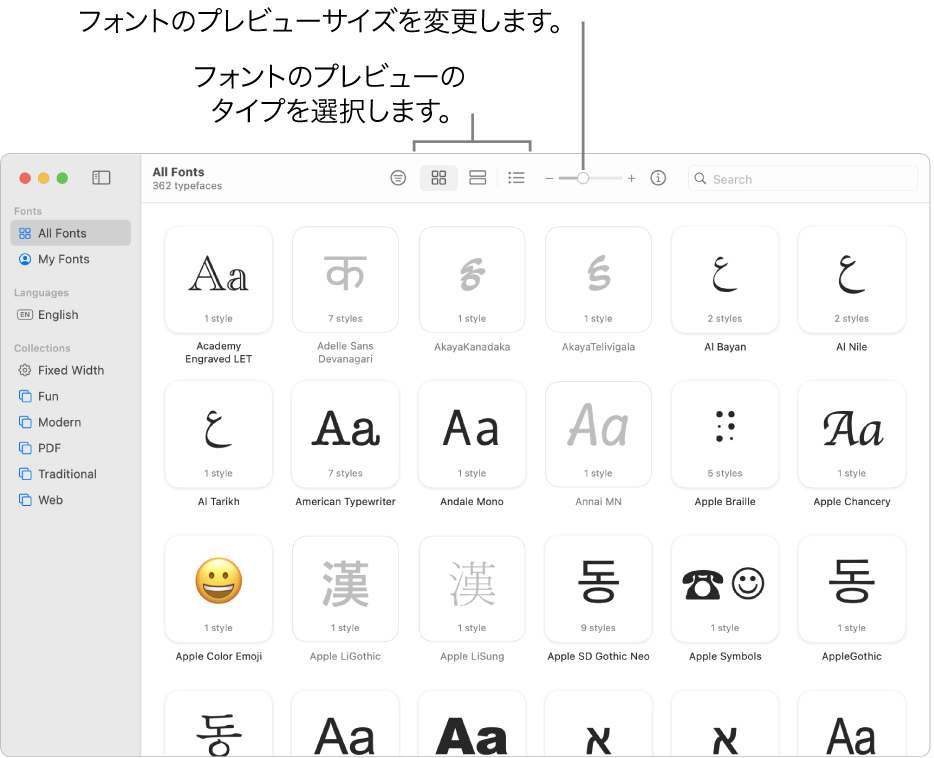 Font Bookウインドウ。ツールバーにフォントプレビューのタイプを選択するボタン、プレビューのサイズを変更する縦方向のスライダが表示されています。