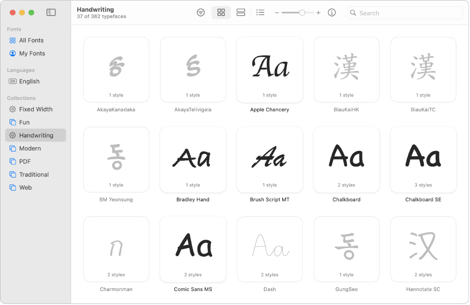 Font Bookウインドウ。「手書き」フォントコレクションに含まれるフォントが表示されています。