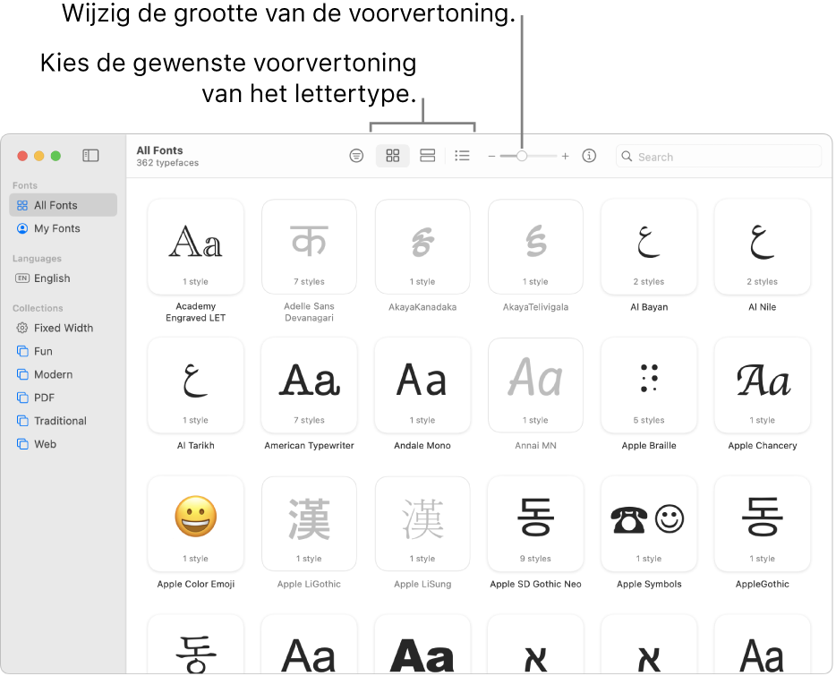 Het venster van Lettertypecatalogus met in de knoppenbalk knoppen voor het kiezen van de soort voorvertoning en een verticale schuifknop voor het wijzigen van de grootte van de voorvertoning.