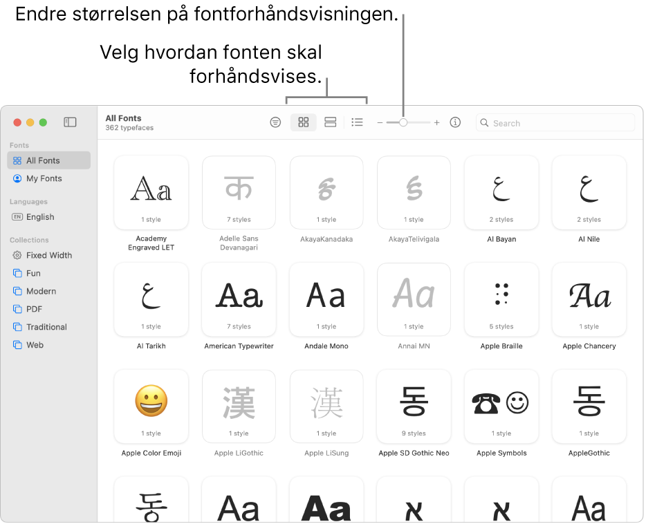 Fontbok-vinduet med verktøylinjen som viser knapper for valg av type forhåndsvisning og en vertikal skyveknapp for å endre størrelse på forhåndsvisningen.