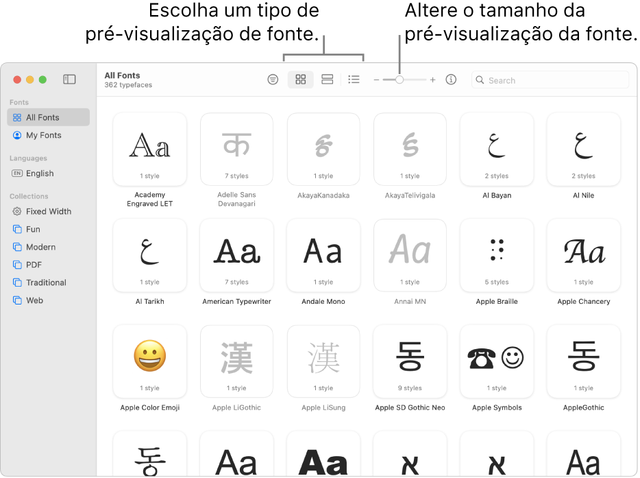 Janela do Catálogo de Fontes com a barra de ferramentas mostrando botões para escolher o tipo de pré-visualização de fonte e um controle vertical para alterar o tamanho da pré-visualização.