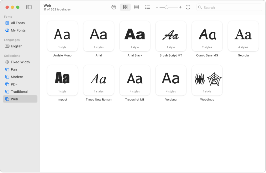 Fönstret Typsnittsbok visar samlingen Webb markerad i sidofältet.
