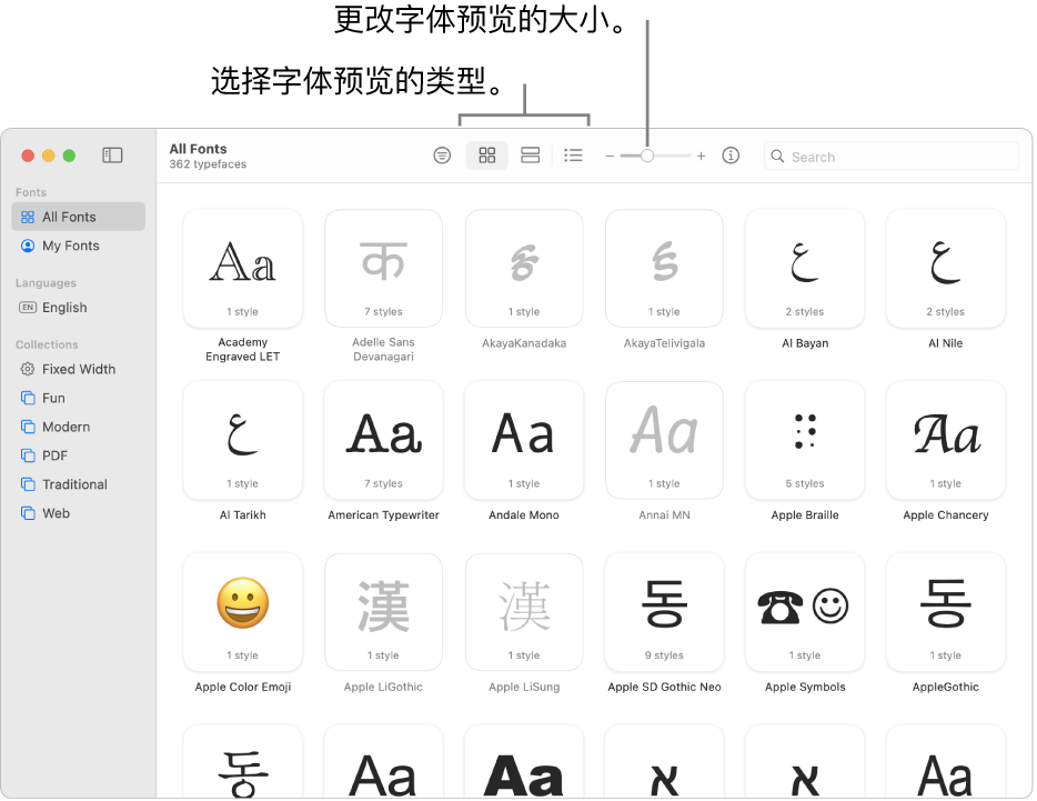 “字体册”窗口包含的工具栏显示用来选取字体预览类型的按钮，以及用于更改预览大小的垂直滑块。