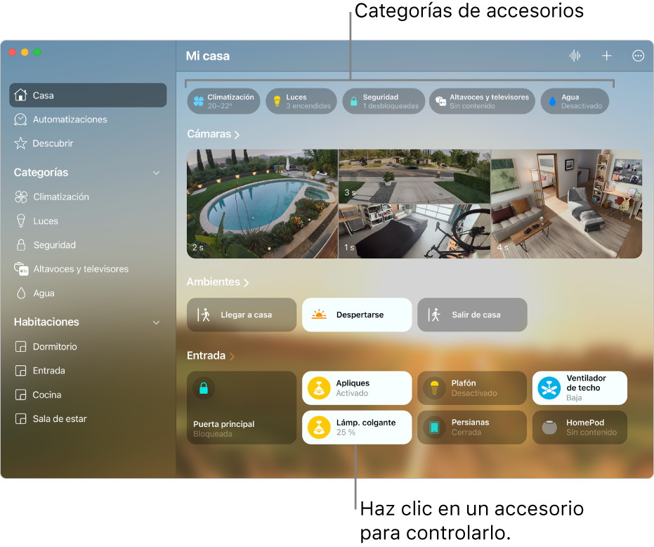 La pantalla de inicio, donde se ven categorías de accesorios a lo ancho de la parte superior, seguidos de canales de datos de cámara, casillas de ambientes y casillas de accesorios en la habitación “Entrada”.