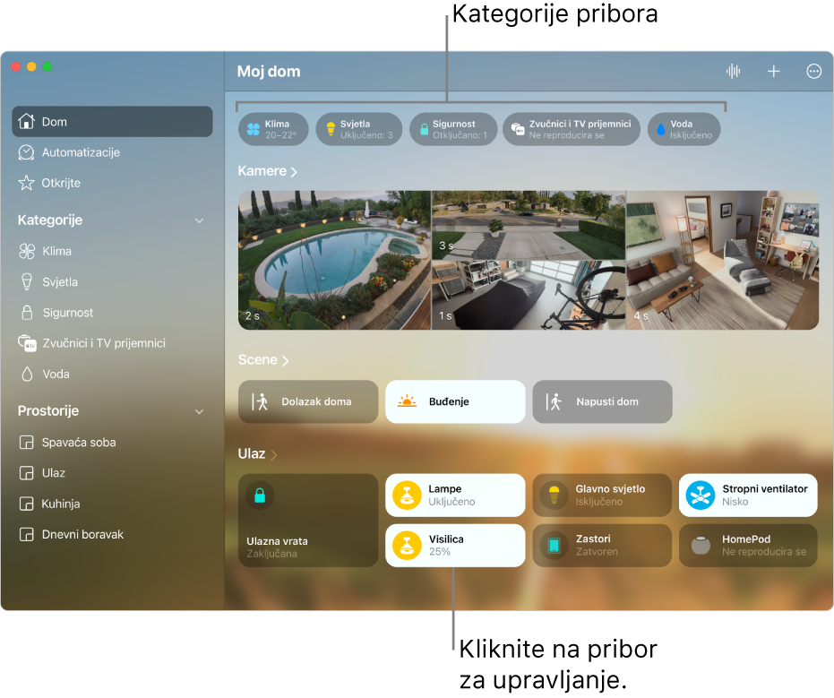 Zaslon aplikacije Dom s prikazom kategorija pribora duž gornjeg dijela nakon čega slijede feedovi kamere, pločice scene i pločice pribora u sobi “Ulaz”.