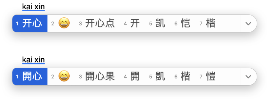 在你輸入 kaixin（開心）後，候選字視窗會顯示簡體或繁體中文可能的相應字元。