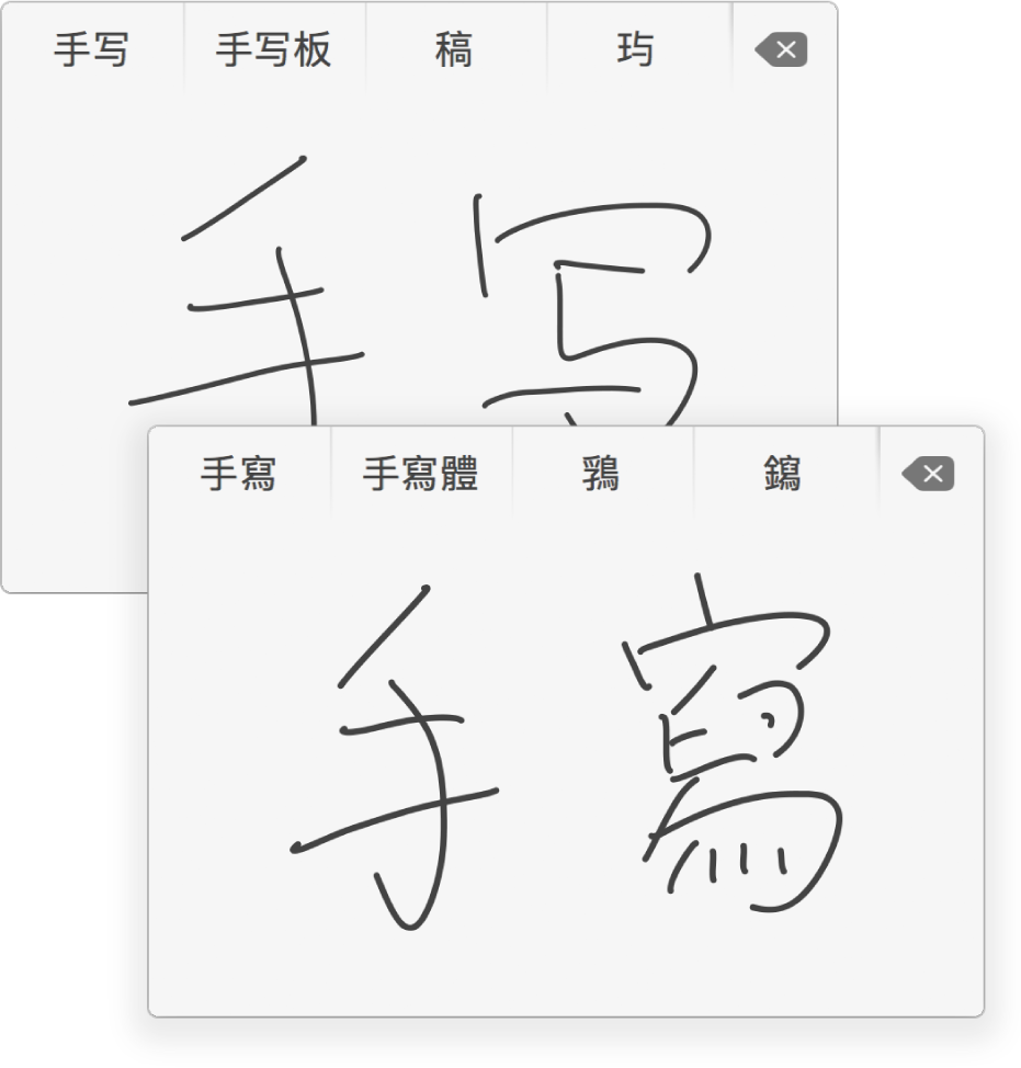 「手寫輸入」視窗在簡體中文（上方）和繁體中文（下方）寫入的字元上方顯示「手寫」的可能相應字元。