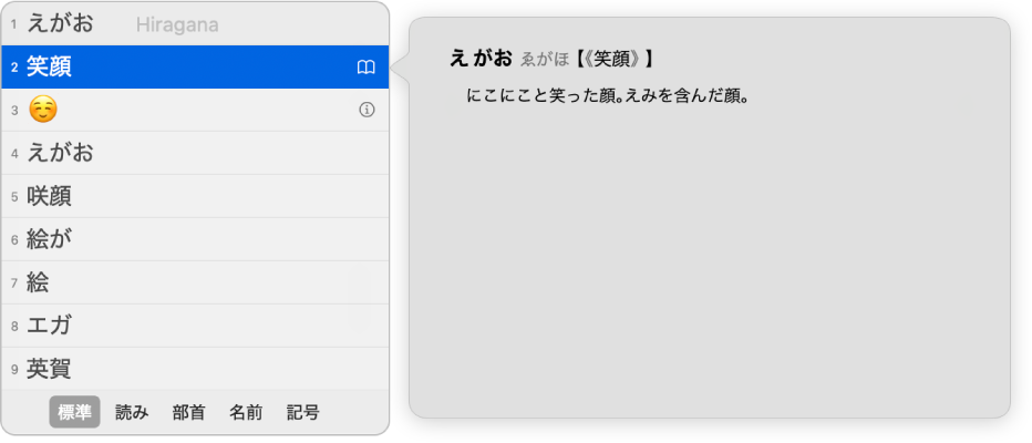 候補表示ウインドウ。日本語テキストの選択候補が表示されています。