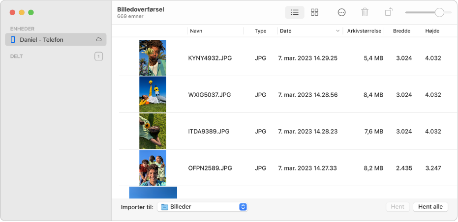 Vinduet Billedoverførsel viser billeder, der skal importeres fra en iPhone.