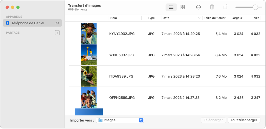 Fenêtre Transfert d’images affichant des photos à importer à partir d’un iPhone.