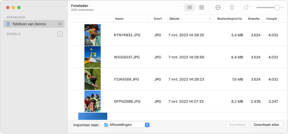Het venster van Fotolader met daarin foto's die van een iPhone geïmporteerd moeten worden.
